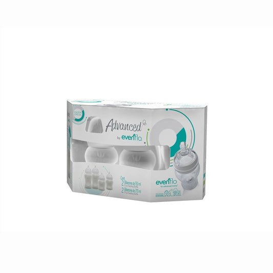 Advanced by Evenflo, Set de Biberones Anticólicos Cuello Ancho, Flujo Lento 5oz/150ml y Flujo Medio 9oz/270ml, 4 piezas, el color puede variar, MEX.