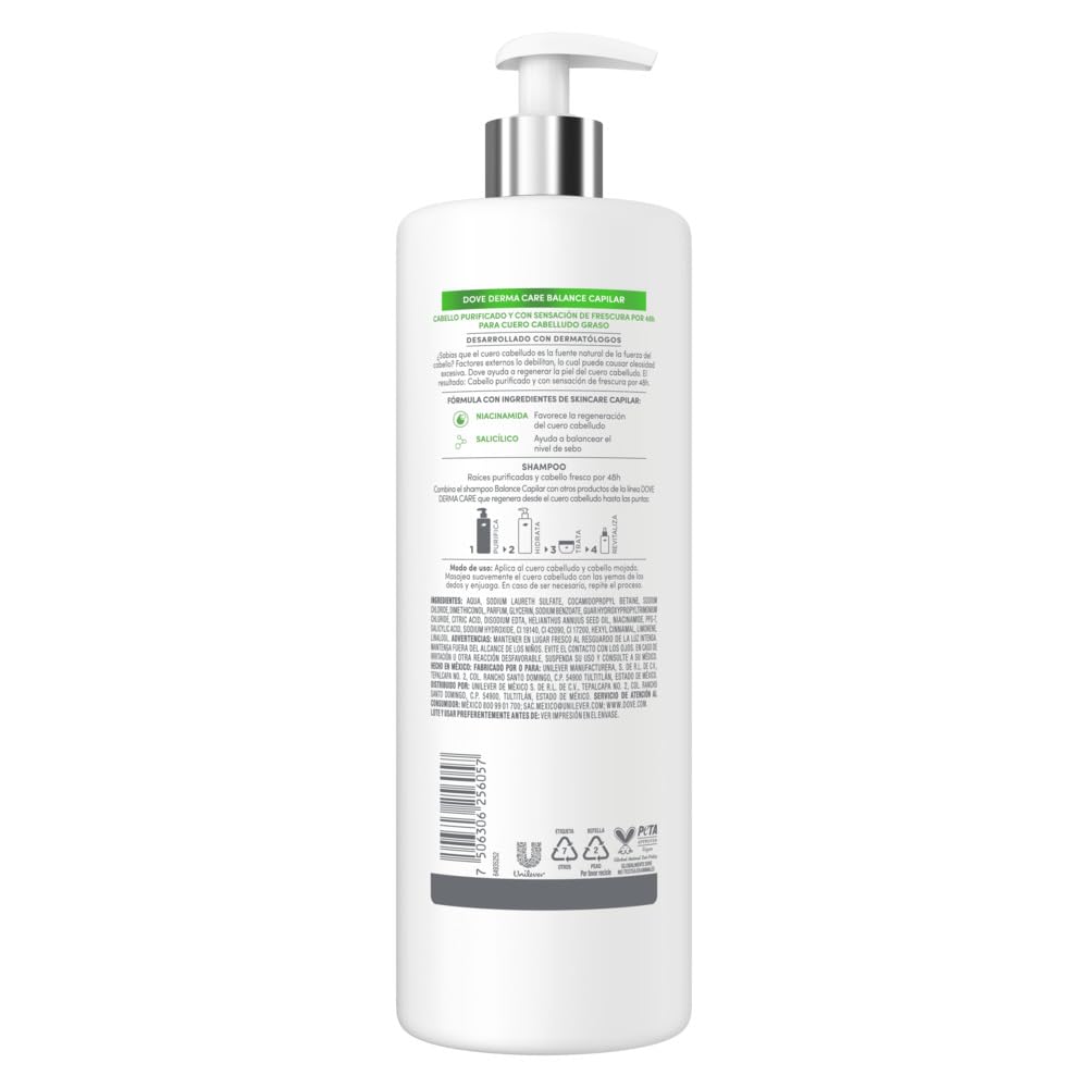 DOVE Shampoo Derma Care Balance Capilar, Frescura y Movimiento por 48h. Cabello Graso. Regenera de Cuero Cabelludo a Puntas. Desarrollado con Dermatólogos, 675 mL