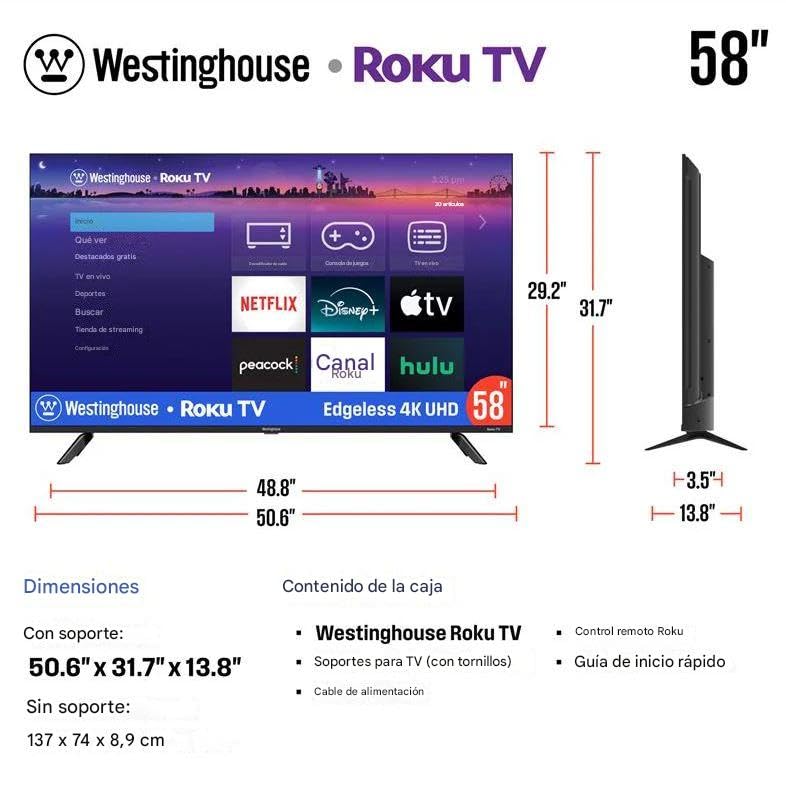 Westinghouse Televisor Inteligente de 58" Pulgadas Sin Bordes, Ultra Alta Definición 4K con HDR10, Búsqueda y Control por Voz, Dolby Audio, Aplicación Móvil - WR58UE4100