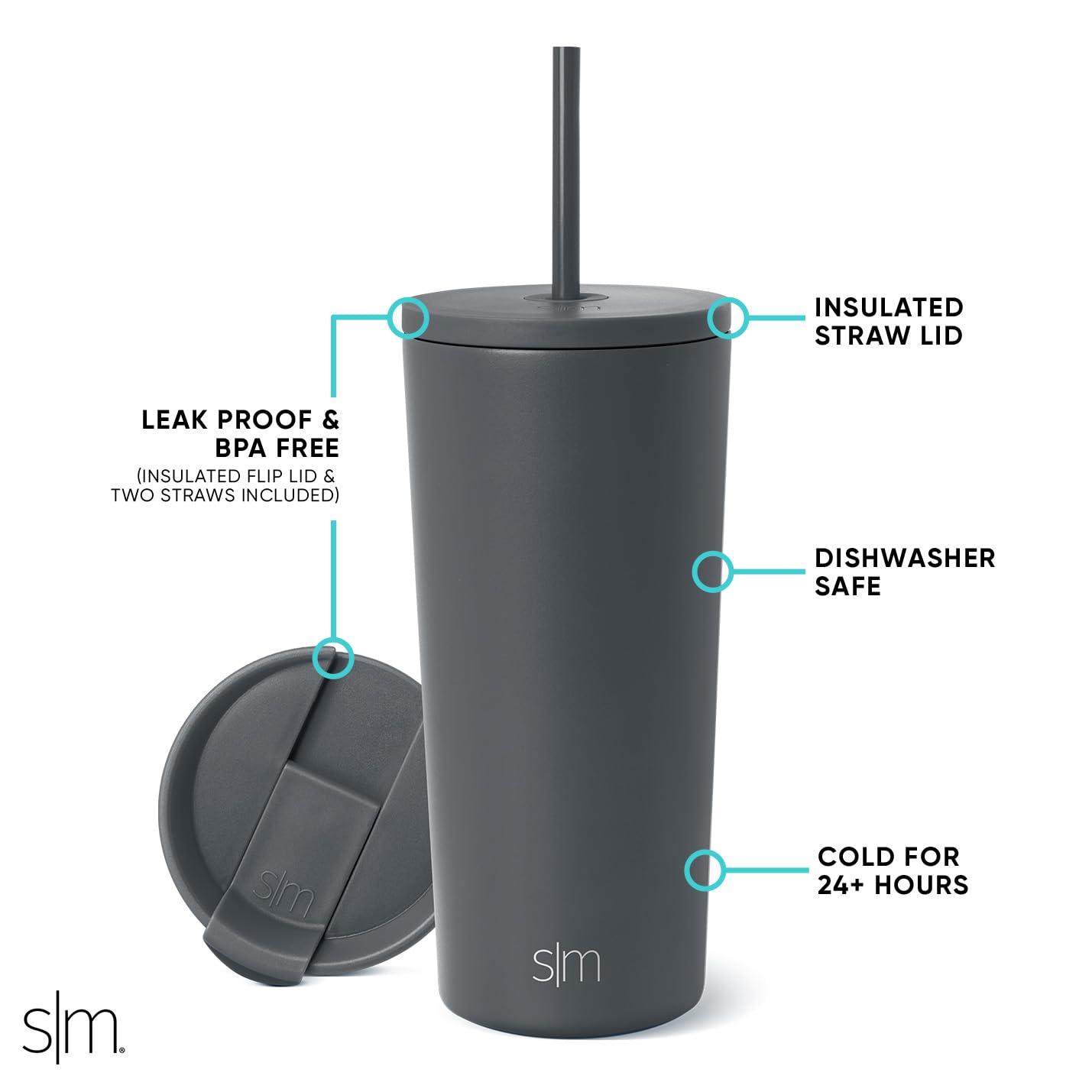 Vaso Aislado Simple Modern Graphite con Tapa y Pajita 590ml Classic para Viaje