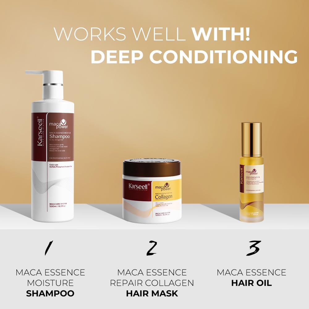 Hair Mask Karseell Juego de colágeno de película para el cabello 3PCS película para el cabello 16.9oz + champú 16.9oz + aceite esencial para el cuidado del cabello 1.69oz adecuado para todos los pelos dañados por la sequedad y el cabello rizado.