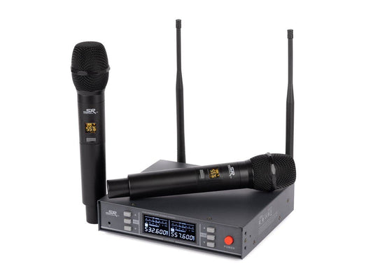 Sistema de Micrófonos Inalámbricos de Mano Dual Monoprice UHF 200-Channel 262 Foot Stage Right Series