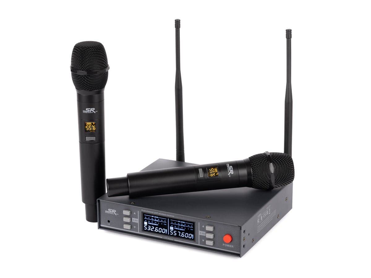 Sistema de Micrófonos Inalámbricos de Mano Dual Monoprice UHF 200-Channel 262 Foot Stage Right Series