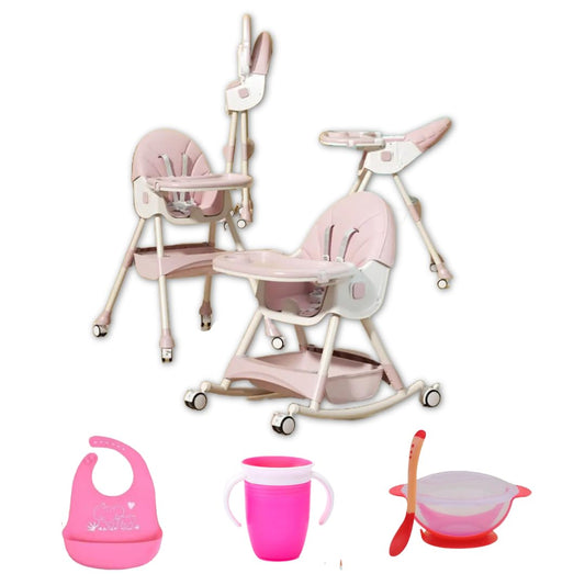 Silla alta para bebe, silla periquera para comer silla para bebe 6 en 1 con babero vaso entrenador y plato de comida, facil de armar, plegable multifuncion (Rosado)