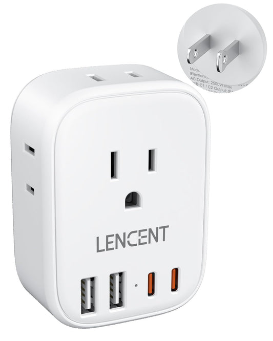 LENCENT 1X Adaptador de Enchufe Americano Tipo A, Adaptador de 3 a 2 Clavijas con Enchufe Polarizado, Cargador con 4 Salidas CA&4 USB (2 USB C), Extensor de Enchufe de 2 Clavijas sin Toma de Tierra