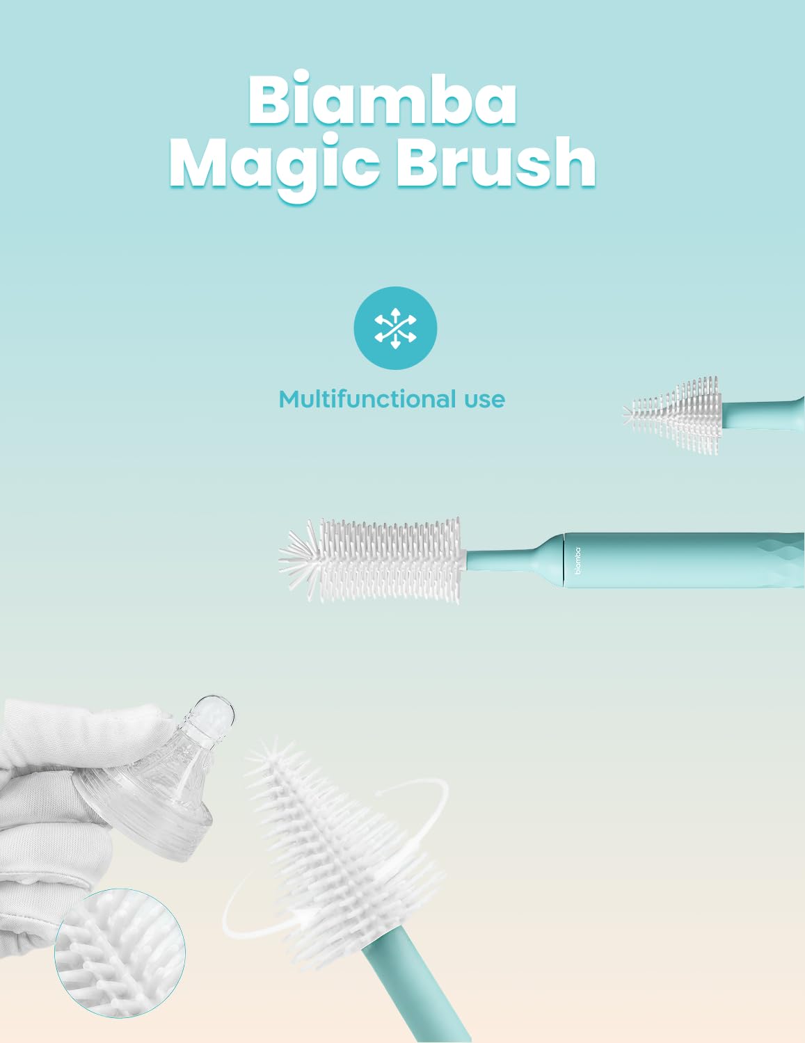 Biamba Magic Brush - Limpiador eléctrico para biberones con rotación de 360 grados, juego de limpiador de biberones con cabeza de silicona, recargable por USB, diseño resistente al agua, pezones y