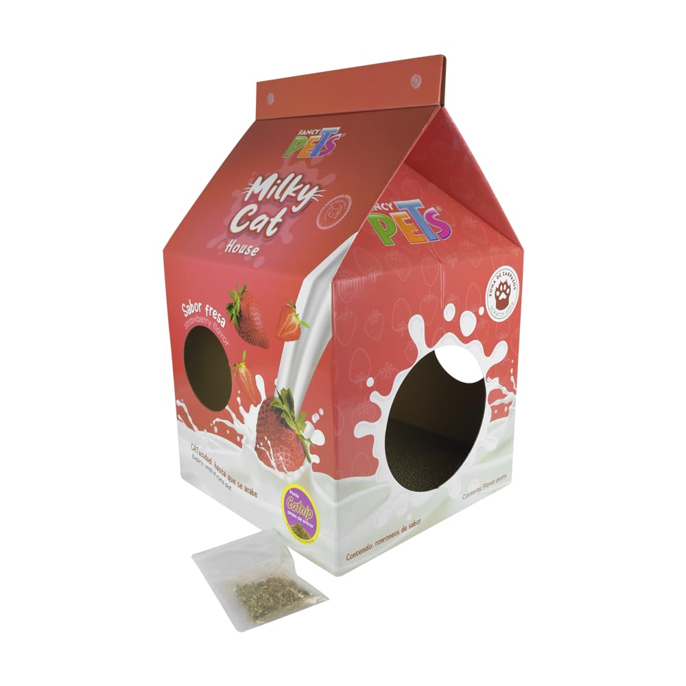 Fancy Pets Milky Strawberry Cat House Divertida Casa de Cartón con Rascador para Gato