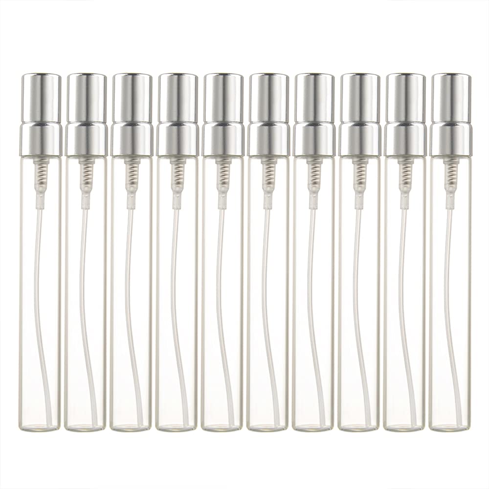 Enslz 10 ml 10 botellas de vidrio de spray rellenables perfume atomizador mini muestra botella de prueba de vidrio fino viales, Plateado