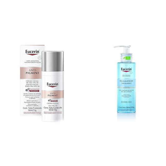 Eucerin Antipigment Crema Día Fps 30+ 50ml + Gel Limpiador Facial DermatoClean para piel normal a mixta, 200ml, empaque puede variar