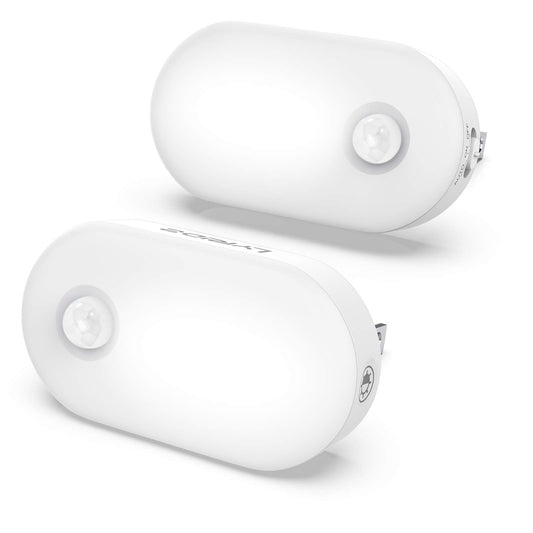 Lyridz - Luz nocturna enchufable con sensor de movimiento, 120 lm, luz nocturna LED inteligente, luz blanca fría con brillo ajustable continuo para baño, recámara, cocina, escaleras, pasillo, paquete