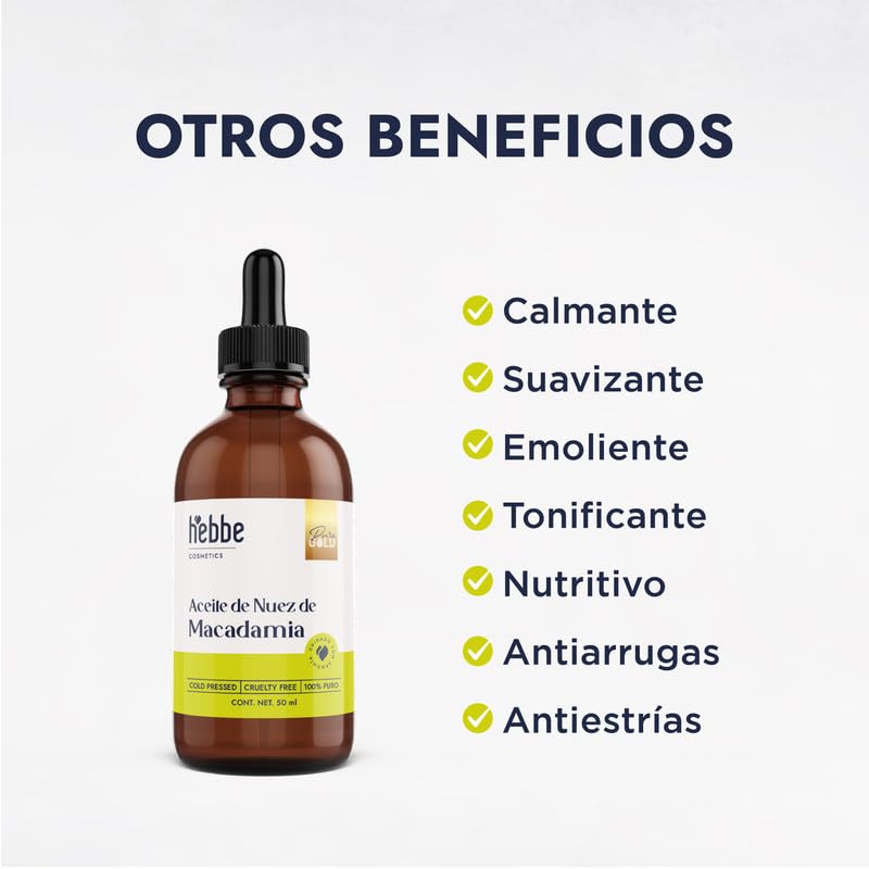 Hebbe Aceite de Nuez de Macadamia 50 ml | Prensado en Frío 100% Puro | Hidratante Piel y Cabello | Textura Ligera sin Grasa | Nutritivo