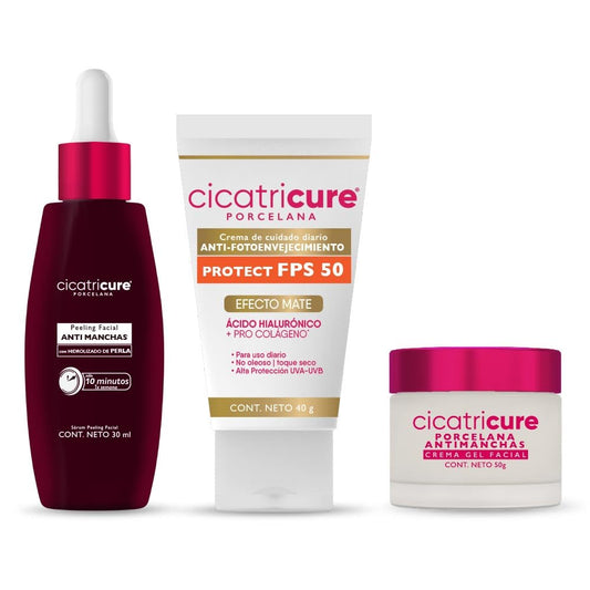 CICATRICURE 3 PACK Porcelana Serum Peeling Facial 30ml + CICATRICURE Porcelana Crema Gel Facial 50g + Cicatricure Porcelana Crema Anti FOTOENVEJECIMIENTO FPS +50 40g