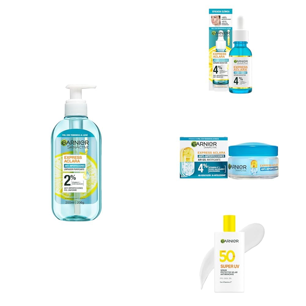 Garnier Express Aclara. Gel limpiador facial purificante 200ml + Sérum con Ácido Salicílico y Vitamina C 30ml + Crema Hidratante Matificante 50ml + UV Protector Solar Facial Fluido AntiOleosidad 40ml