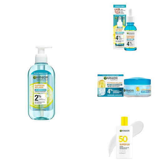 Garnier Express Aclara. Gel limpiador facial purificante 200ml + Sérum con Ácido Salicílico y Vitamina C 30ml + Crema Hidratante Matificante 50ml + UV Protector Solar Facial Fluido AntiOleosidad 40ml