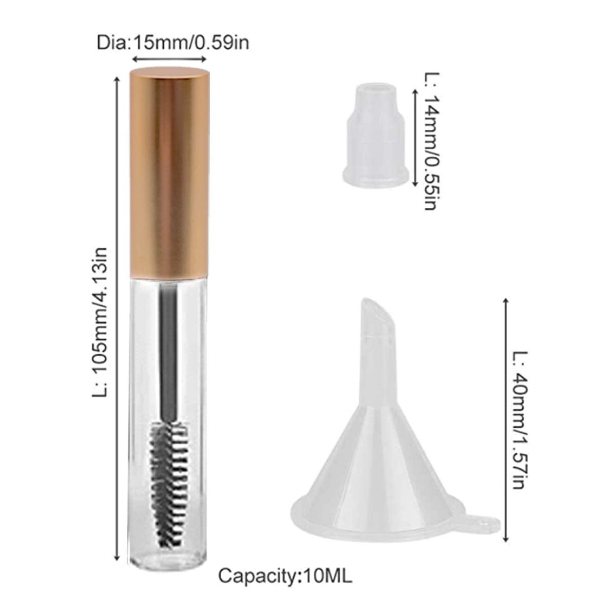 GTHER - Juego de 10 botellas vacías de 10 ml con varita de pestañas e insertos de goma y embudos para aceite de ricino/aceite de crecimiento de pestañas, contenedor de crema de pestañas con tapa, color dorado mate