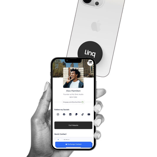 Linq Tap - Tecnología NFC Tap - Añade a tu teléfono para compartir información de contacto, redes sociales, sitios web y mucho más. (negro)