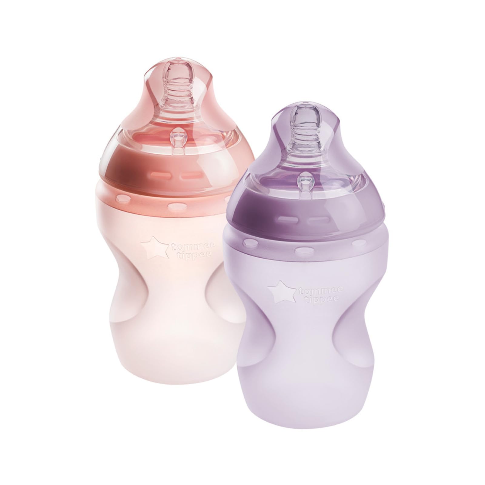 Biberones Tommee Tippee Rosa y Morado Anticólicos de Silicona para Recién Nacido