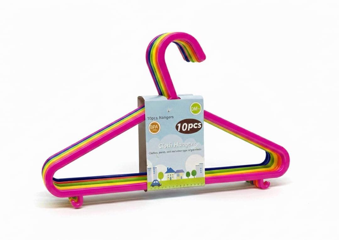 Paquete de 10 perchas de plástico duraderas sin BPA para ropa de bebés y niños pequeños, diseño delgado que ahorra espacio, multicolor (rosa fuerte, verde, azul, naranja, amarillo)