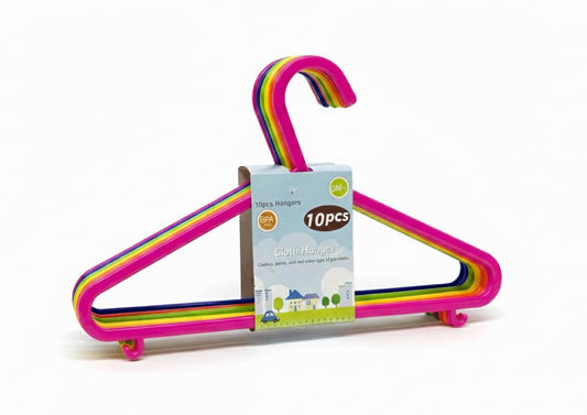 Paquete de 10 perchas de plástico duraderas sin BPA para ropa de bebés y niños pequeños, diseño delgado que ahorra espacio, multicolor (rosa fuerte, verde, azul, naranja, amarillo)