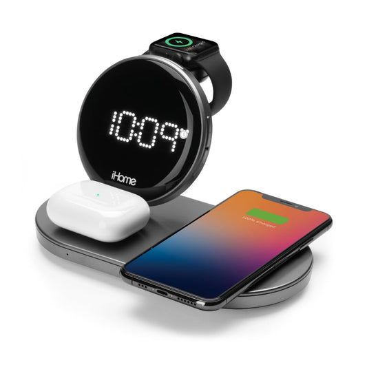 iHome POWERBOOST Quad 4 en 1 Dual Qi Cargador rápido inalámbrico, carga de Airpod, cargador Apple Watch y reloj despertador de carga USB, salida de potencia total de 30 W (iWW33)