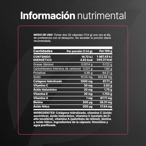 Colágeno Hidrolizado | 100 Cápsulas 1140 mg por porción. Biotina, Ácido Hialurónico, Ácido Fólico, Vitamina E, Vitamina A y C. Ingredientes naturales. Collagen Blend B Life.