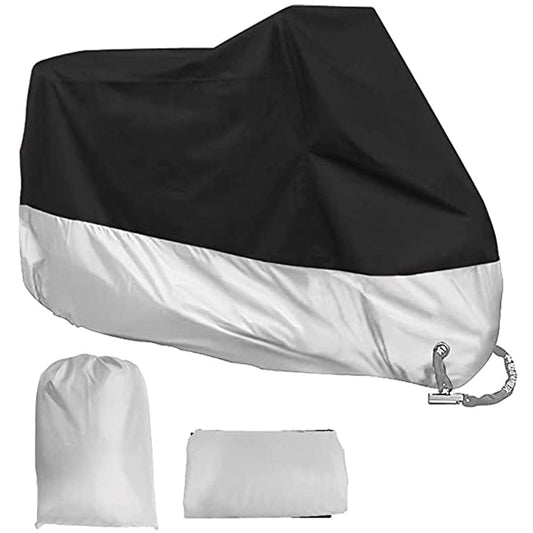 Jiula Cubierta Impermeable para Motocicletas 210D XL - Funda para Moto Protectora a Prueba de UV Lluvia Polvo Viento Nieve Excremento de Pájaro al Aire Libre (230 * 125 * 95 cm, Negro y Plata)