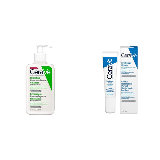 CeraVe Limpiadora Crema-Espuma Hidratante Facial Diaria para Piel Normal a Seca 236ml + Crema Reparadora para el Contorno de Ojos |14gr| Crema hidratante de ojos para bolsas y ojeras