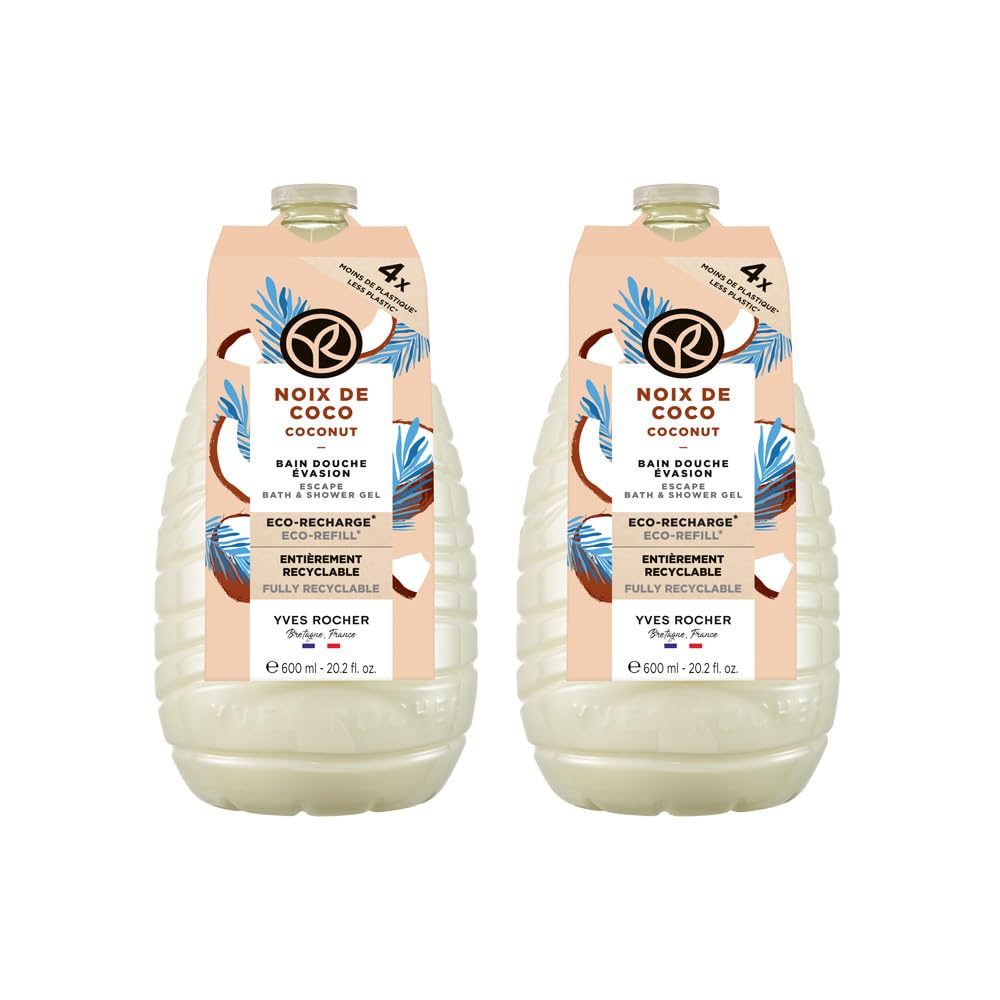 YVES ROCHER - Set Eco-Refill Gel de Ducha Coco, Todo Tipo de Piel, Fórmula Vegana, Incluye 2 Geles 600 ml c/u