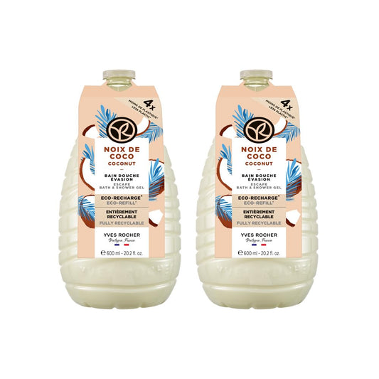 YVES ROCHER - Set Eco-Refill Gel de Ducha Coco, Todo Tipo de Piel, Fórmula Vegana, Incluye 2 Geles 600 ml c/u