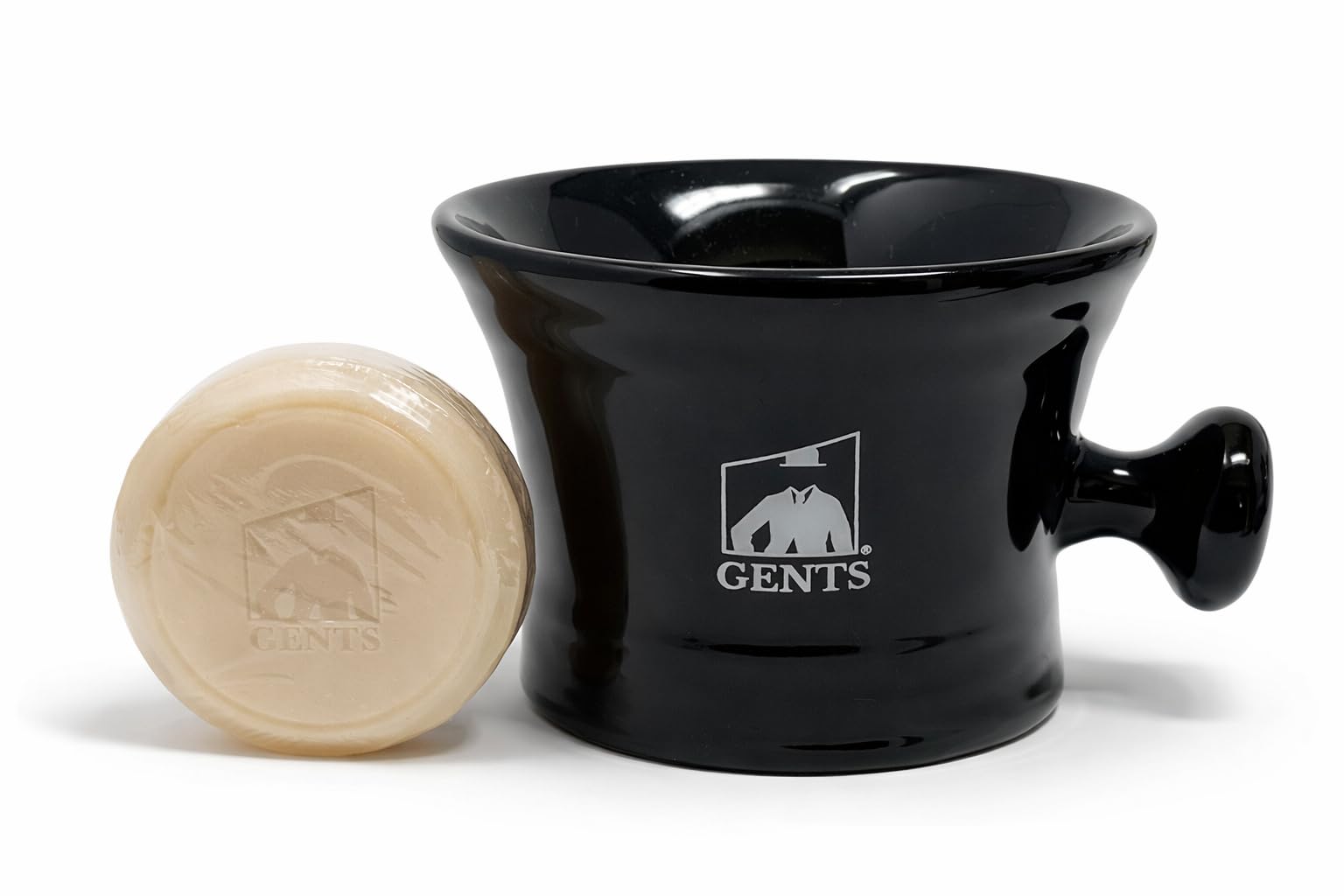 Ceramic Black Shaving Bowl / Mug with Handle Knob-- Comes with 3 Oz 97% Natural Ocean Driftwood Gbs Soap -- Fits up to a 4 Oz Soap