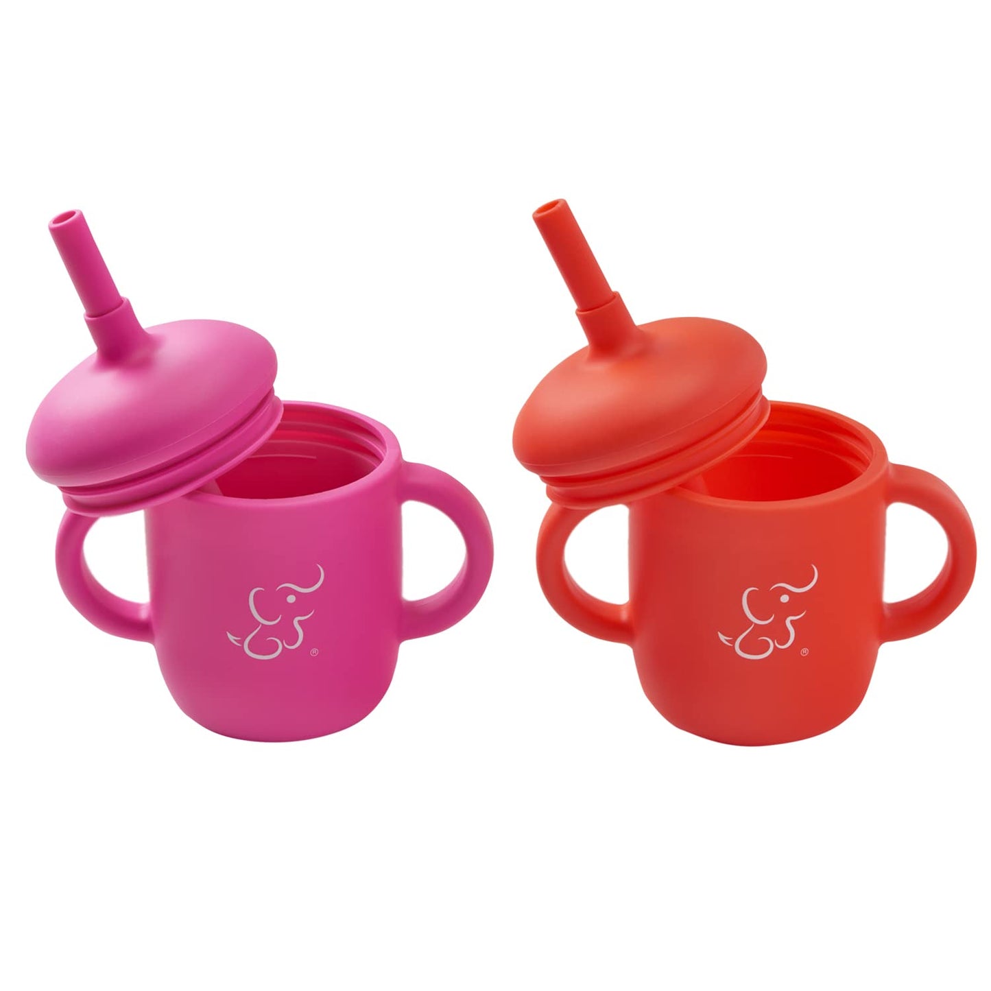 PAPU BABY Set de 2 Vasos/Tazas Entrenadoras 100 de silicón con popote y asas. (Rosa Mexicano/Rojo)