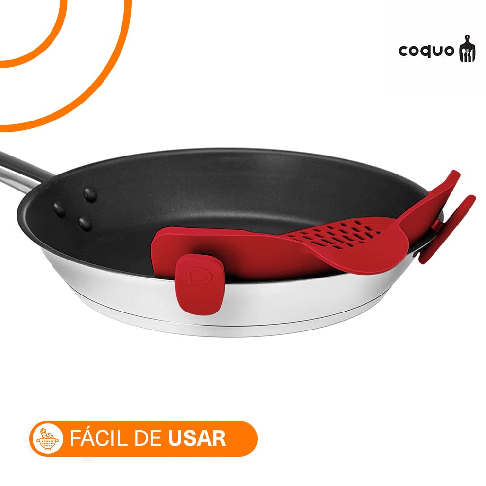 COQUO - Colador para Cocina con Clip - Ideal para cualquier Olla, Sartén y Contenedor de Cocina - Fácil de lavar y utilizar - Clip On Silicone Kitchen Colander (Rojo)