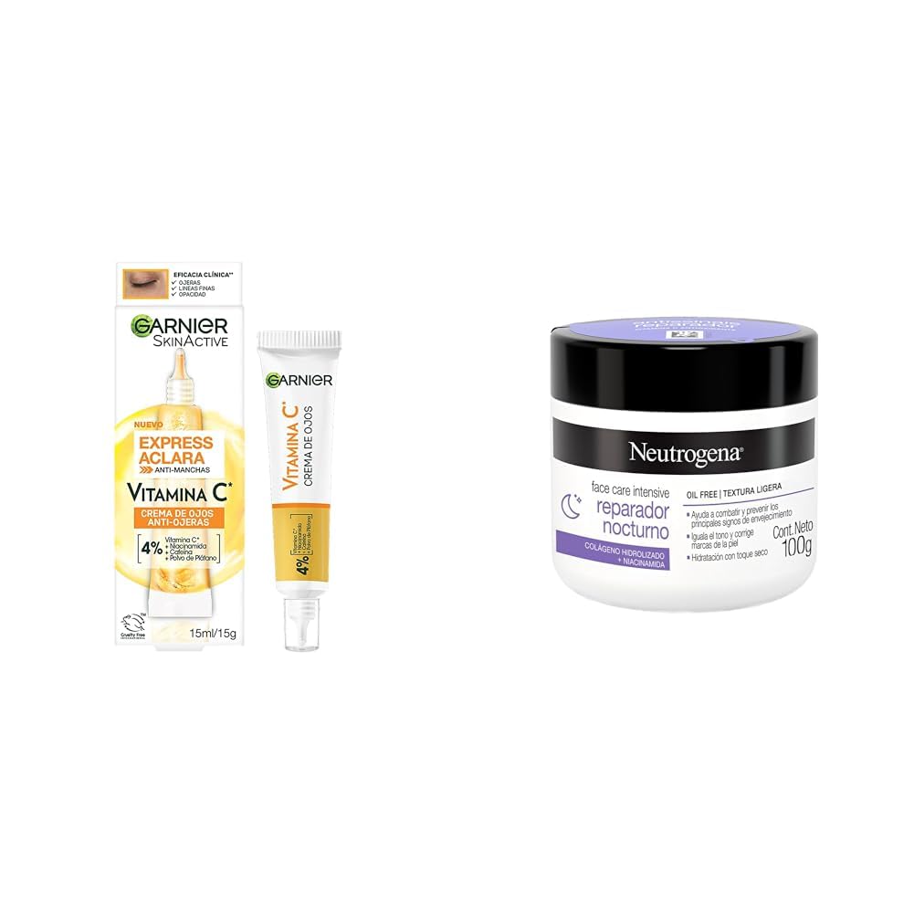 Garnier Express Aclara Crema de Ojos para Reducción Ojeras con Vitamina C, Niacinamida, Cafeína, 15 ml + Neutrogena Crema Hidratante Facial Reparador Nocturno Face Care Intensive Colageno 100g