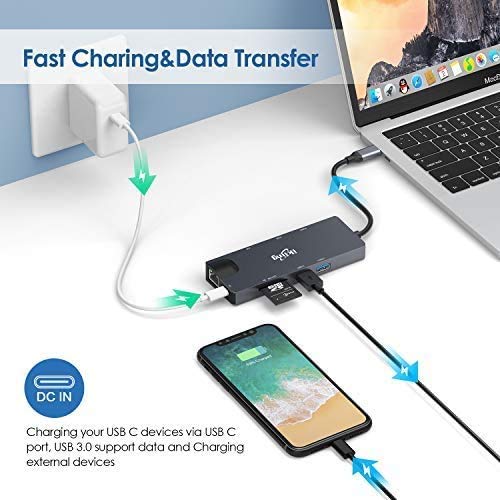 Hub USB C, adaptador 3 en 1 USB C con 4K USB C a HDMI, VGA, carga USB C, 2 USB 3.0, lector de tarjetas SD/TF, USB C a 3,5 mm, Gigabit Ethernet, base USB C compatible con Apple MacBook Pro 13/15 (Thunderbolt 3)