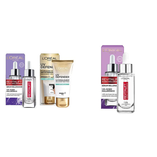 L'Oréal Paris Kit serum facial Revitalift Ácido Hialurónico y bloqueador solar anti-brillo UV Defender FPS 50 + + Serum Facial Anti Arrugas Acido Hialuronico Revitalift