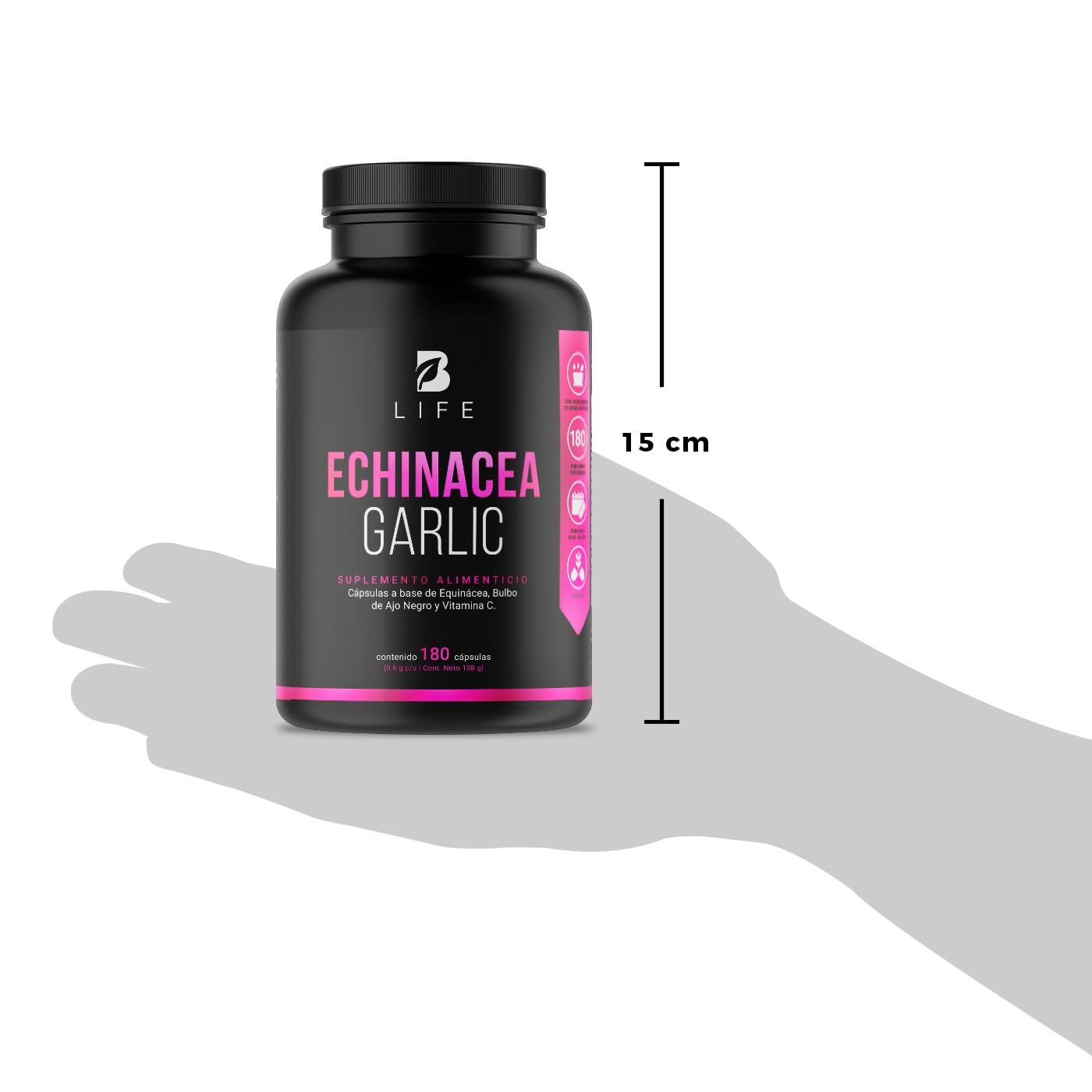B Life Equinácea de 180 Cápsulas de 600 mg. Adicionado con Ajo Negro y Vitamina C. Ingredientes naturales. Echinacea Garlic.