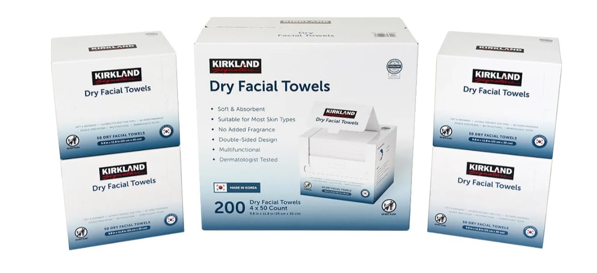 Kirkland Toallas Faciales Secas Diarias Kirkland Signature, 200 Unidades: Desechables Extrasuaves para Limpieza, Desmaquillaje y Cuidado de la Piel. Suaves, Higiénicas y sin Pelusa.