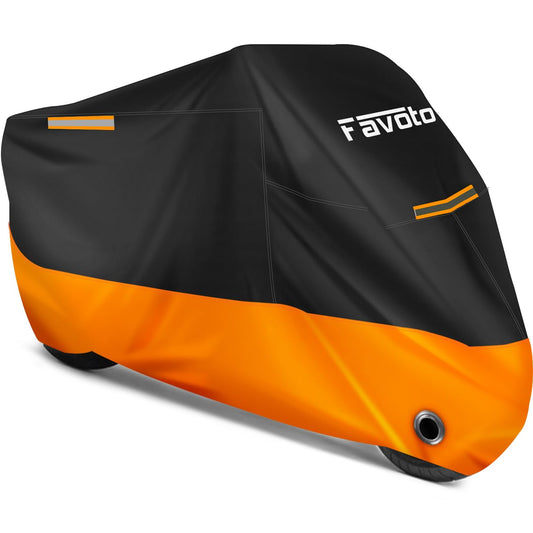 Favoto - Funda universal para motocicleta, resistente tela Oxford con agujero de bloqueo, 3 reflectores nocturnos, hebilla resistente al viento, bolsa de transporte, impermeable, lluvia, polvo, protección solar, para exteriores, color negro y naranja, 264