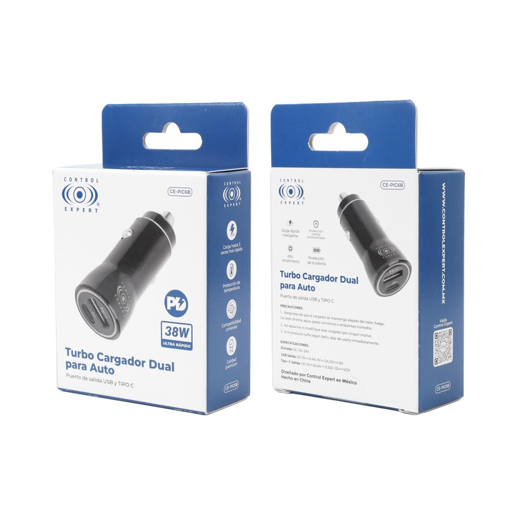 CONTROL EXPERT Turbo Cargador USB y Tipo C para Auto 38W Ultra Rápido (Negro)