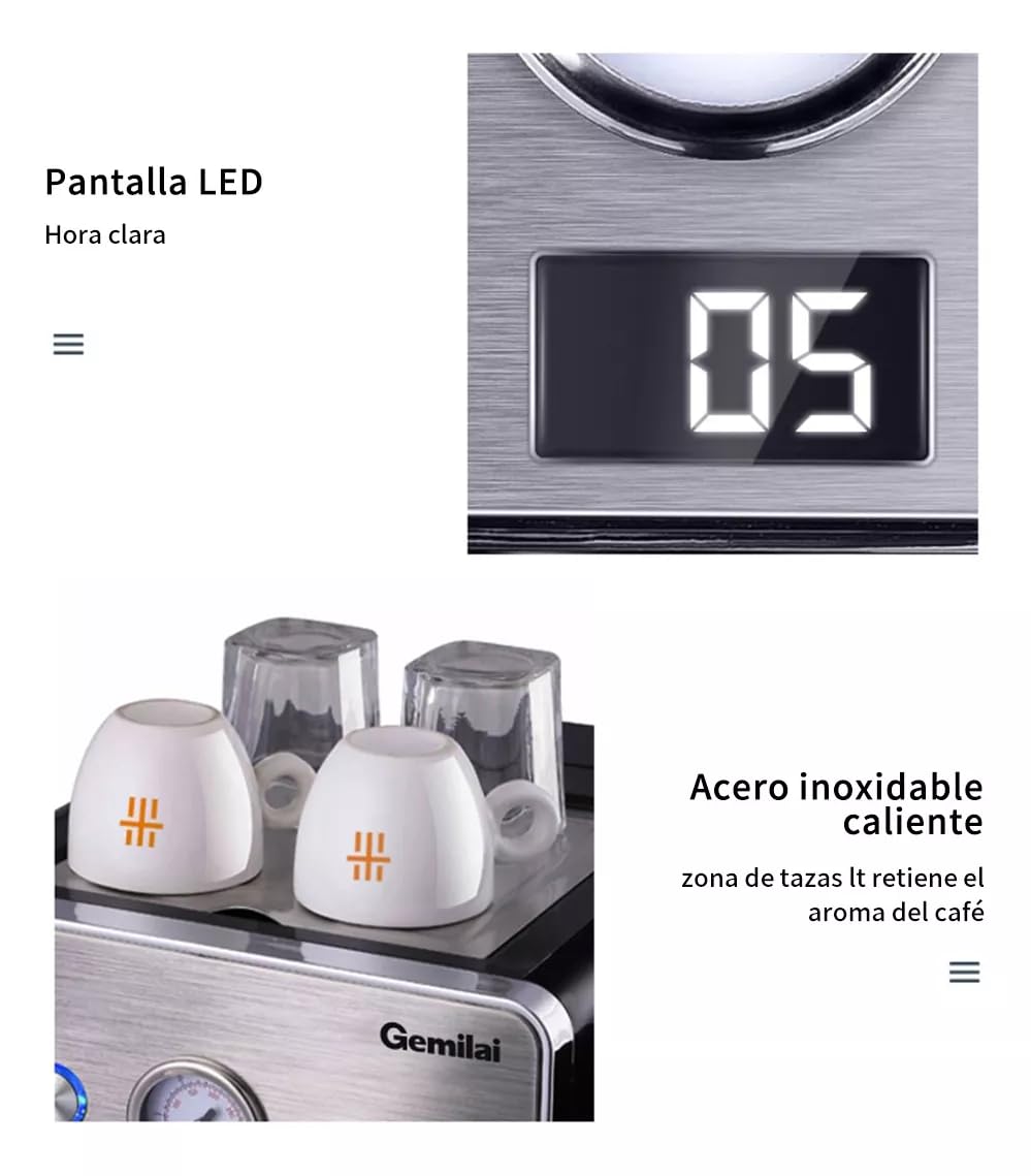 Gemilai Cafetera Espresso 15 Bar con Espumador de Leche, Máquina de Café Multifuncional con Control de Un Solo Toque y Sistema de Calentamiento Rápido, Ideal para Espresso, Capuchino y Más G3605