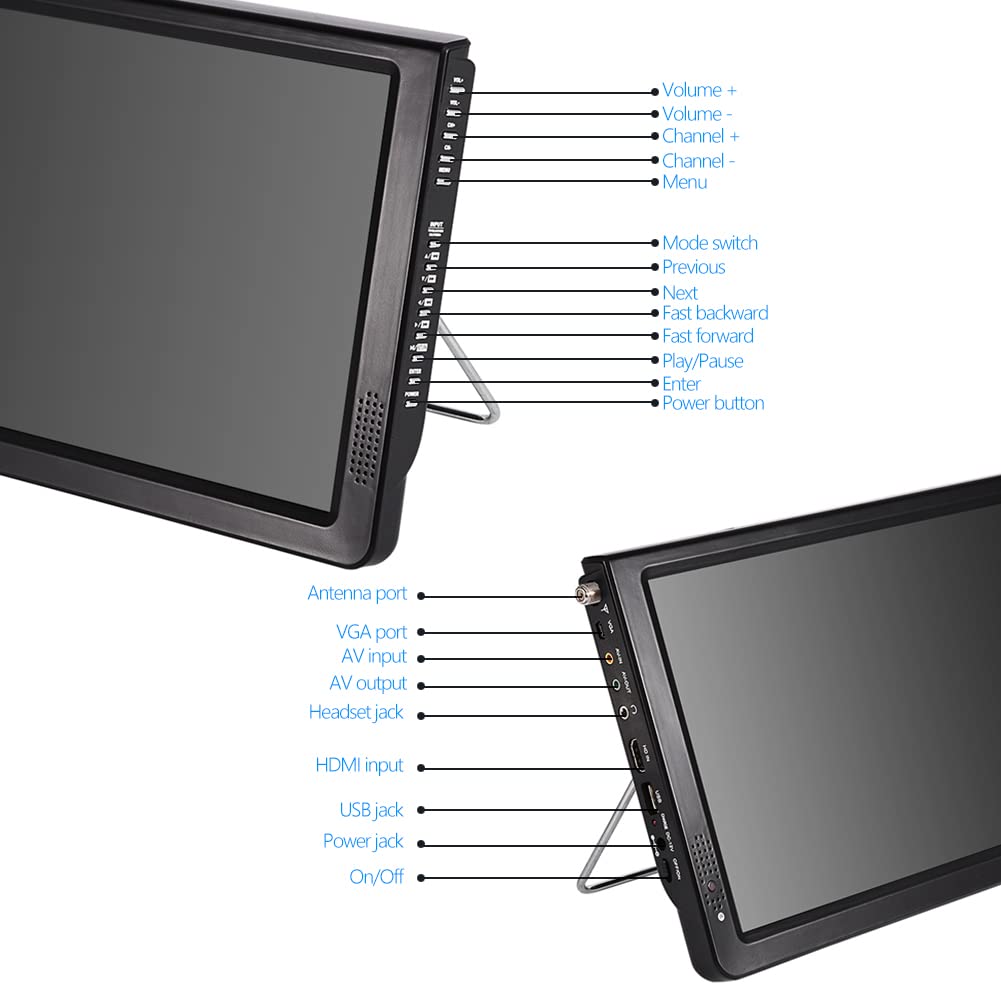 Televisor Portátil Digital ATSC LED 1080P Alta Definición Compatible u Disco Tarjeta Memoria Ideal para Viajes al Aire Libre en Vehículos Domésticos