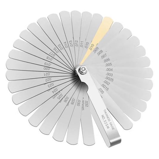 Feeler - Juego de medidores de 32 cuchillas de acero inoxidable, doble marca métrica y estándar SAE – Medidor de grosor de válvula (medidor de sensor cónico de 32 hojas)