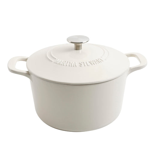 MARTHA STEWART Gatwick - Olla de hierro fundido esmaltada de 7 cuartos de galón con tapa, lino con perilla plateada