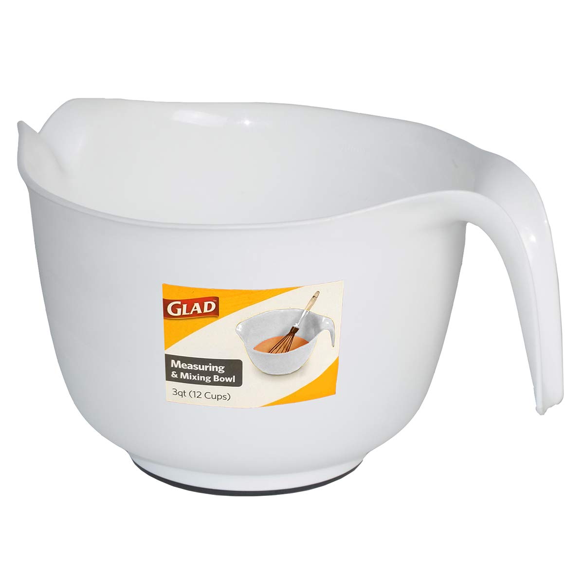 GLAD - tazón para mezclar con asa, 3 cuartos de galón, plástico resistente con boquilla de vertido y base antideslizante, apto para lavaplatos para cocinar y hornear, color blanco