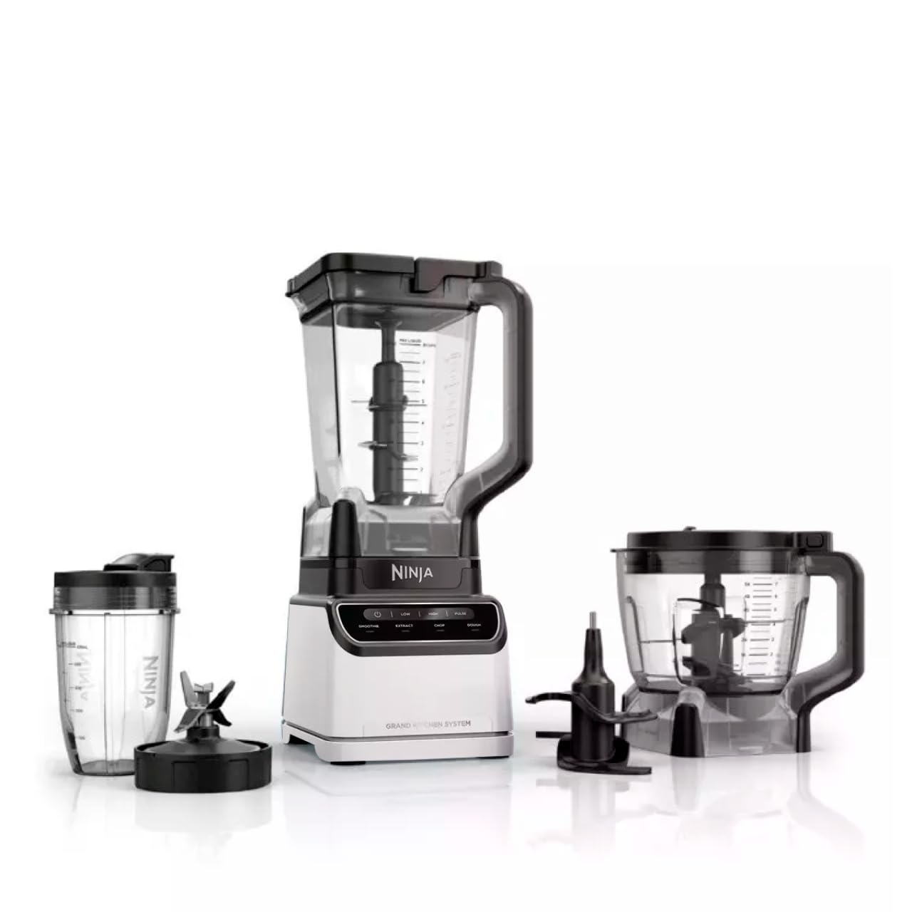 Licuadora Ninja Grand Kitchen System de 1,200 Watts, Licuadora con 4 programas Auto-iQ 72onz con Boquilla de Vertido, Tazón Procesador de Alimentos, Cuchillas Intercambiables. Blanco KS500WM-NEGRO
