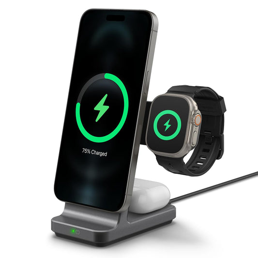 Spigen OneTap Pro (MagFit) 3 en 1 Qi2 15W Soporte de Carga inalámbrico diseñado para iPhone 16/15/14/13/12, Apple Watch Ultra 2/1, Apple Watch 10/9/8/7/6/5/4/3/2/1/SE, AirPods Pro 2/1, AirPods 4/3