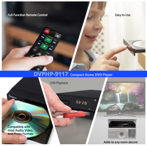 Impecca DVHP9117 Progressive Scan Compact HDMI DVD Player, Upconvert DVDs to 1080p, With LED Display, View Content Via USB Input,
