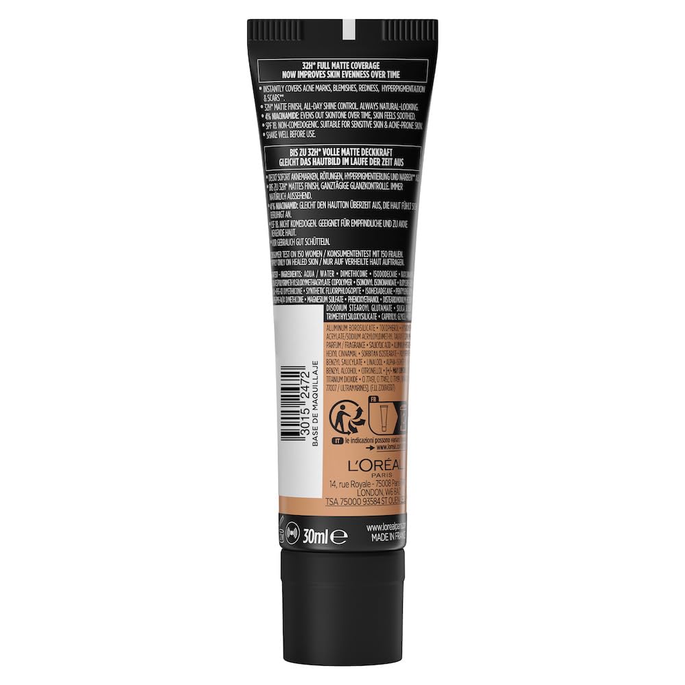 L'Oréal Paris, base de maquillaje de alta cobertura matte y larga duración, Infallible 32h Matte Cover, Tono 310