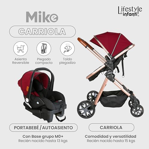 INFANTI | Carriola para Bebe MIKE Vino | Carreola con Portabebé - Carriola de Viaje Plegable - Carrito para Bebe Travel System con Asiento Reversible | Cosas para Bebes Recien Nacidos hasta 15 kg
