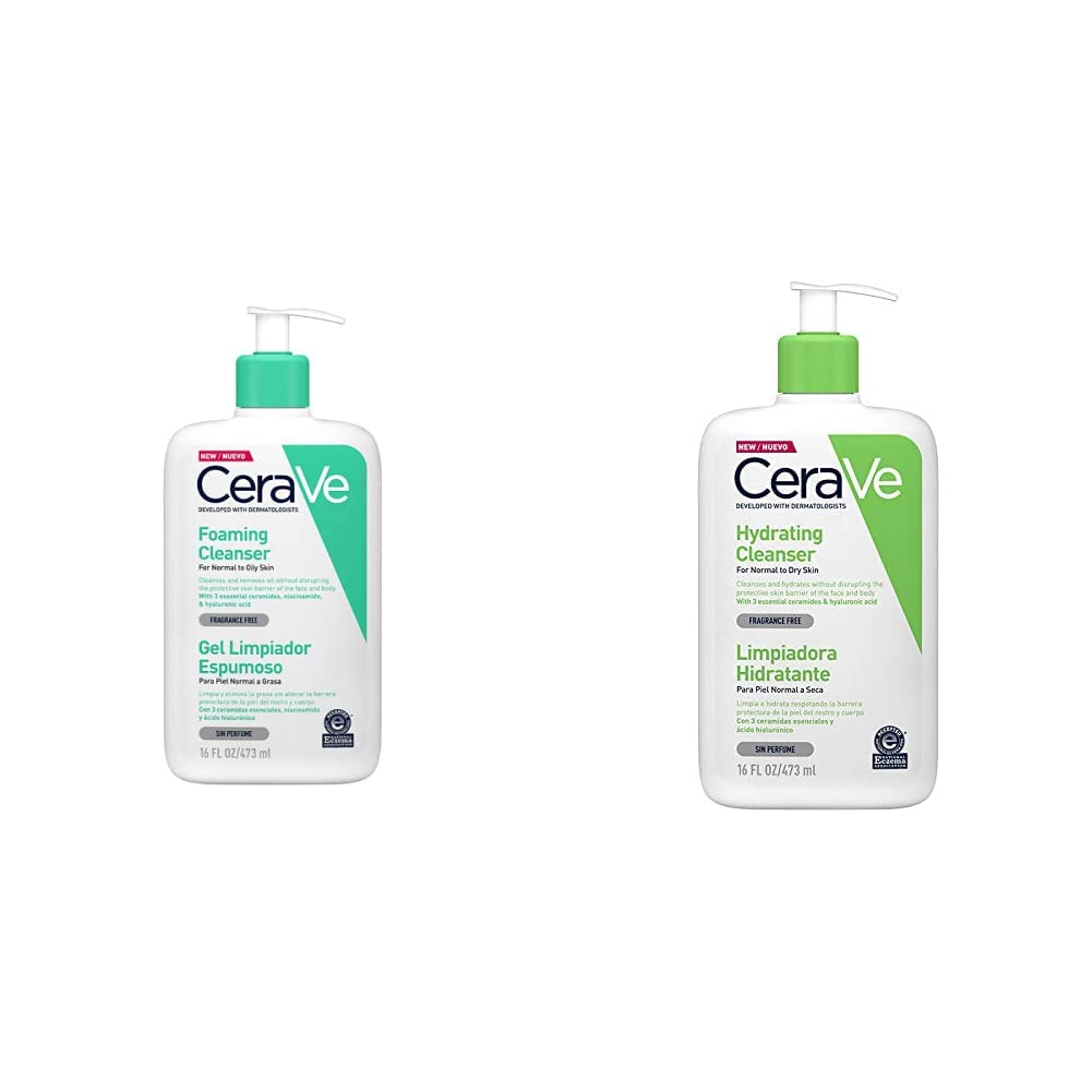 CeraVe Gel Limpiador Espumoso |473ml| Limpiador diario para piel mixta, grasa o con acné | Libre de fragancia + Limpiadora Hidratante |473ml| Limpiador facial diario para piel seca